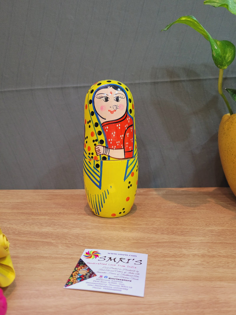 Wooden 5 in 1 Yellow Nesting doll Set with multi color called as  Russian doll indian Handicrafts (6H * 3L * 3W) inches Show piece Home decor