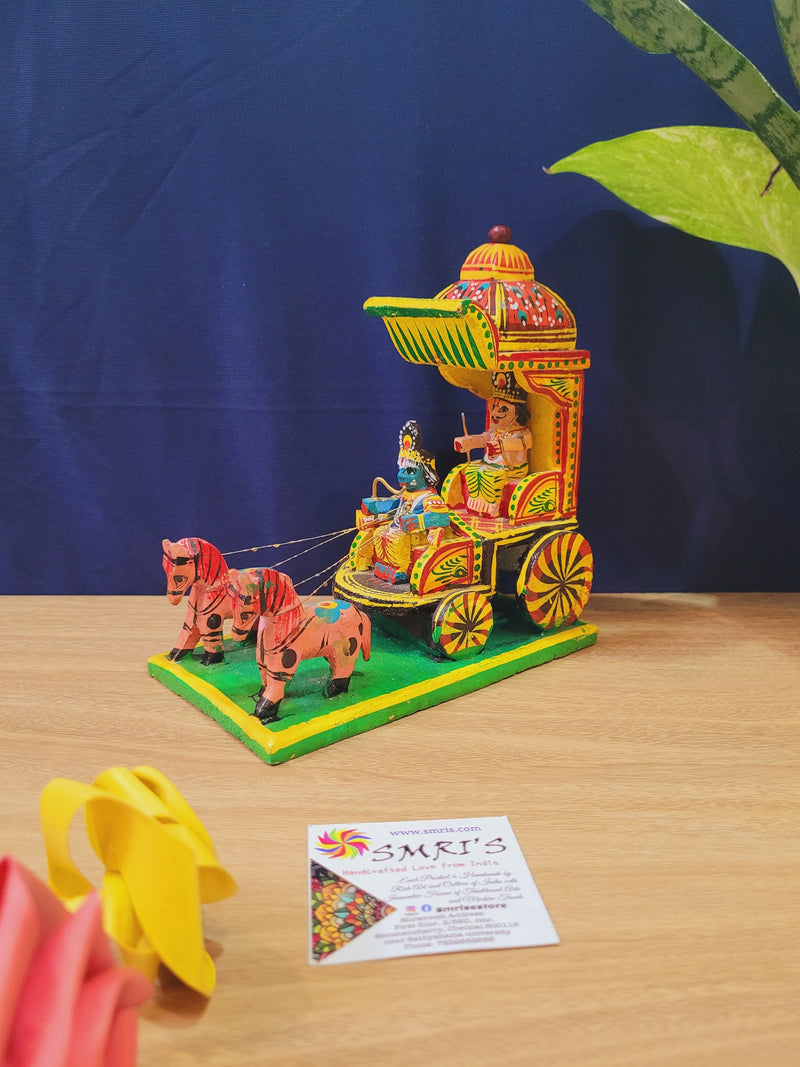 Wooden Arjuna on Ratham Chariot with Krishna and pink horse handcrafted Handmade Home decor (6.5 H * 6.5 L * 3.5 W) Inches