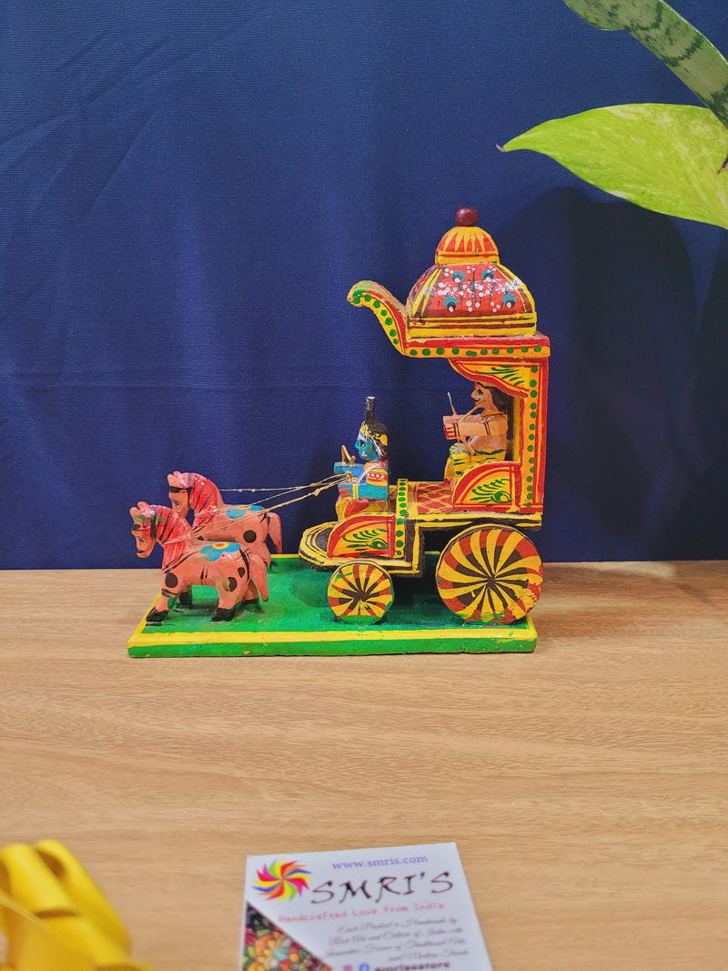Wooden Arjuna on Ratham Chariot with Krishna and pink horse handcrafted Handmade Home decor (6.5 H * 6.5 L * 3.5 W) Inches