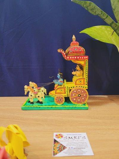 Wooden Arjuna on Ratham Chariot with Krishna and sandal color horse handcrafted Handmade Home decor (6.5 H * 6.5 L * 3.5 W) Inches