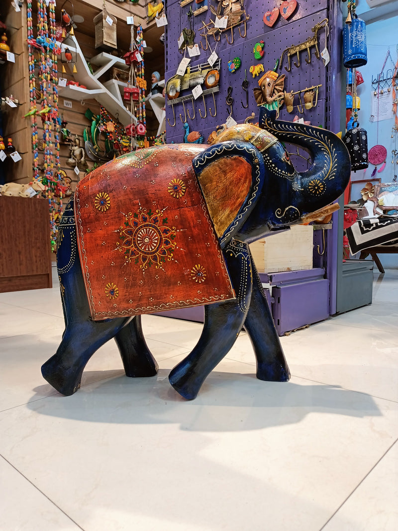 Wooden carving Elephant 24" 2 feet multi color hand painted indian handicrafts Home decor( 24 H * 24 L * 9 W )Inches