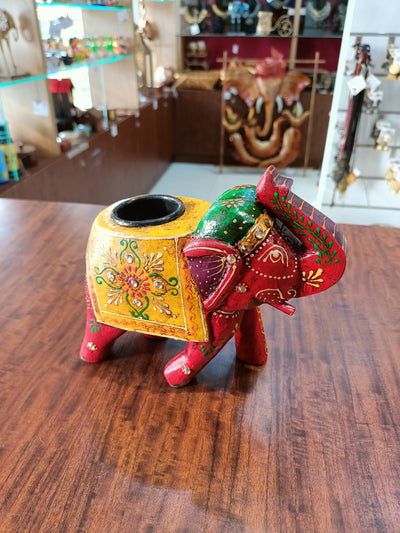 Wooden carving Elephant Deepam Holder Handpainted indian handicrafts