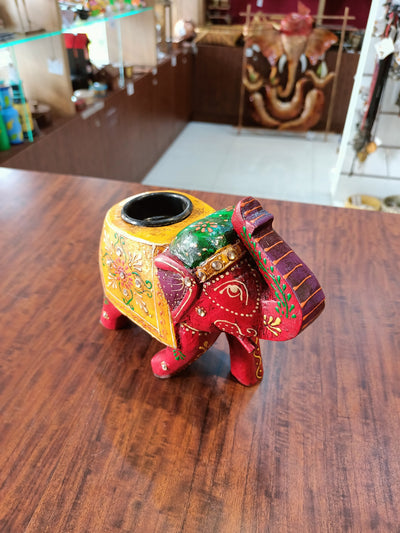 Wooden carving Elephant Deepam Holder Handpainted indian handicrafts Home decor (6 H * 7 L * 3 W) inches
