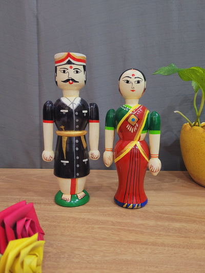 wooden carving Indian couple doll Pair natural ecofriendly