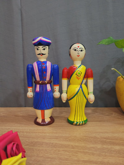 wooden carving Indian couple doll Pair natural ecofriendly