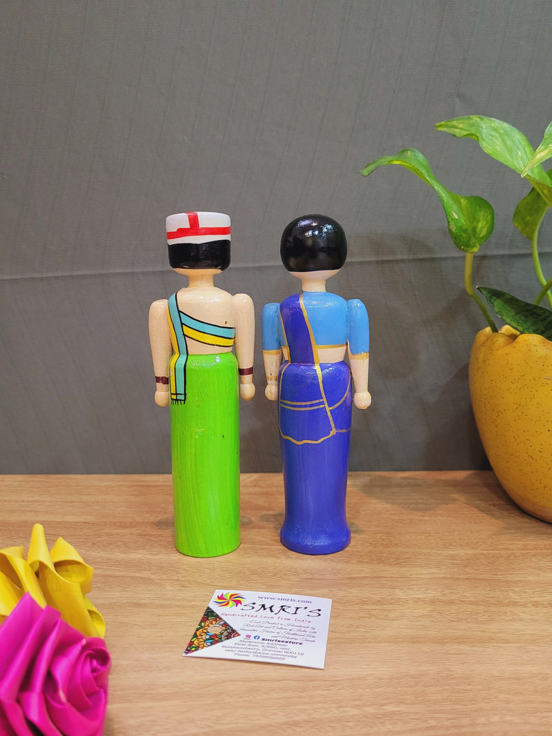Wooden Couple Doll Medium 7" Green & Blue Indian Handicrafts ( 7 H * 2.5 L * 1.5 W) inches show piece