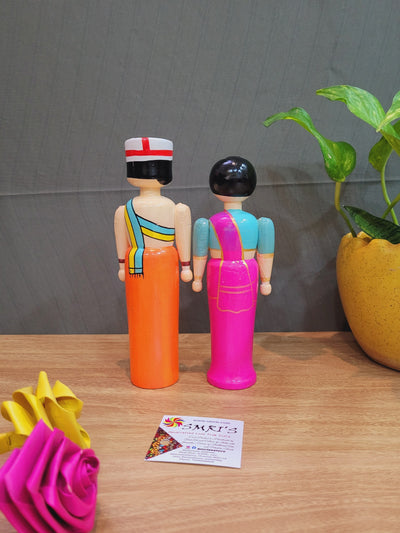 Wooden Couple Doll Medium 7" Orange & Pink Indian Handicrafts ( 7 H * 2.5 L * 1.5 W) inches show piece