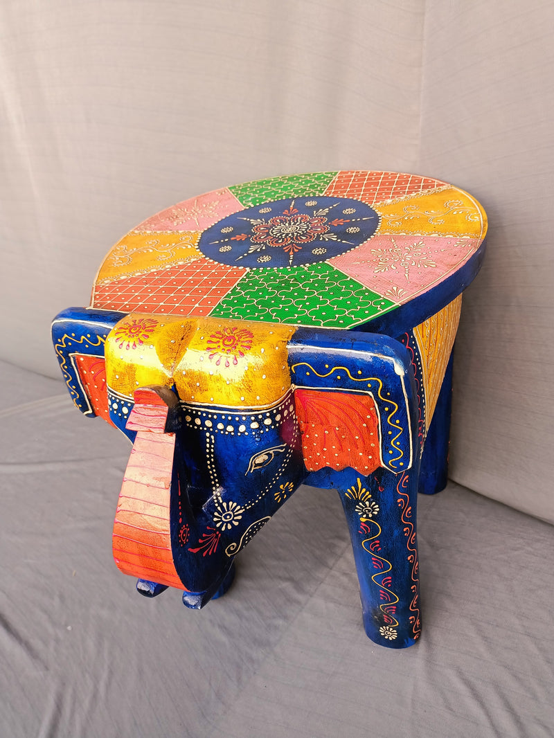 Wooden Elephant Stool blue multi colour 17 inch indian handicrafts Home decor ( 17 H * 14 L* 20 W ) Inches