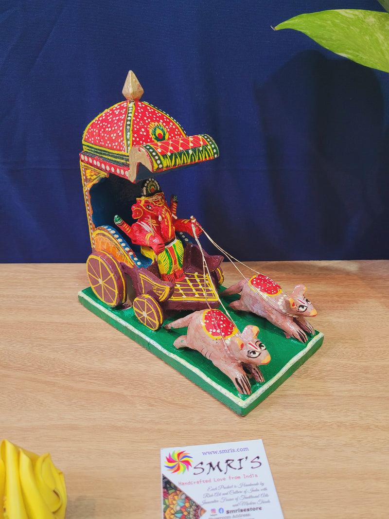 Wooden Ganesha on chariot ratham with brown mouse handcrafted Handmade Home decor (7 H * 7 L * 3.5 W) Inches