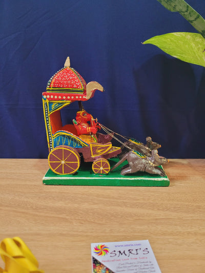 Wooden Ganesha on chariot ratham with Grey mouse handcrafted Handmade Home decor (7 H * 7 L * 3.5 W) Inches