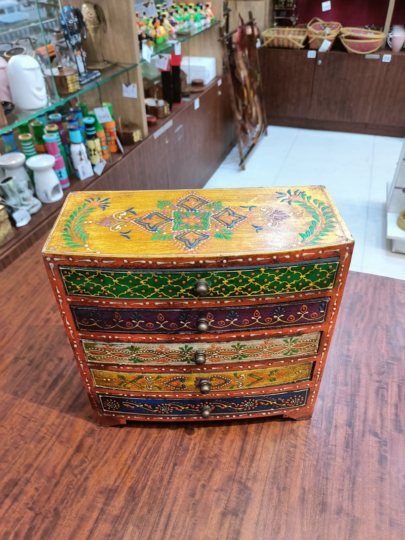 Wooden Handpainted Multicolor Jewel Box alamari 5 rectangle Drawers Design 2 indian handicrafts Home decor (9.5 H * 9.5 L * 4.2 W) inches