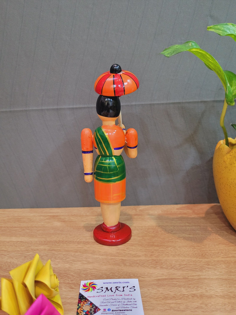 Wooden Lady with Umbrella Doll Orange Skirt with Green Top