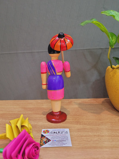 Wooden Lady with Umbrella Doll Pink Skirt with Violet Top  indian handicrafts (8 H x 2.5 L x 2 W) inches