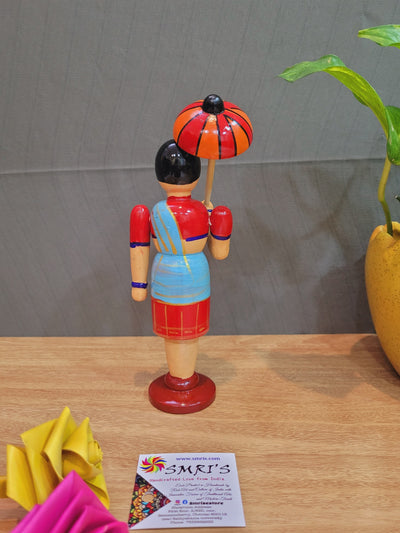 Wooden Lady with Umbrella Doll Red Skirt with Blue Top indian handicrafts (8 H x 2.5 L x 2 W) inches
