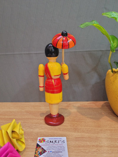 Wooden Lady with Umbrella Doll Yellow Skirt with Red Top  indian handicrafts (8 H x 2.5 L x 2 W) inches