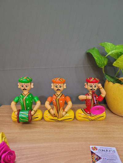 Wooden Men Musician Medium Band Set of 3 Indian Handicrafts show piece Home decor Indian gifts (5 H x 3.5 L x 3 W) inches