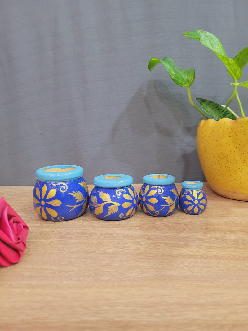 Wooden Pot set of 4 Blue with yellow (7H * 2.5L * 2.5W) inches Show piece Home decor
