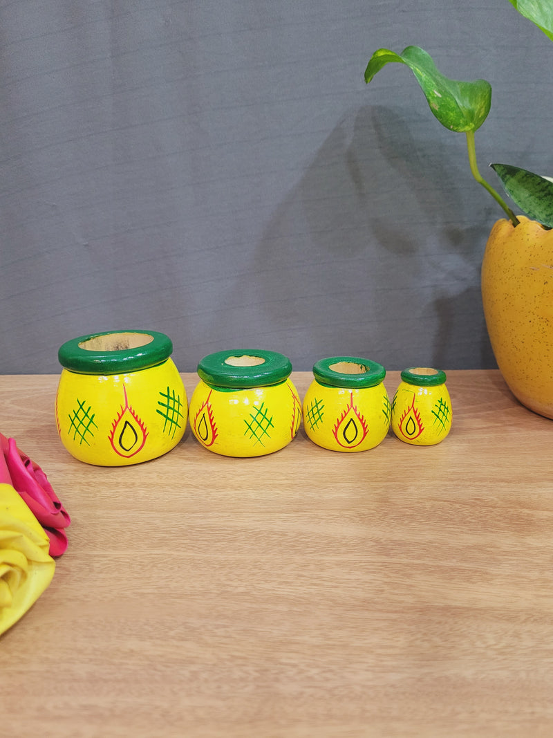 Wooden Pot set of 4 yellow (7H * 2.5L * 2.5W) inches Show piece Home decor
