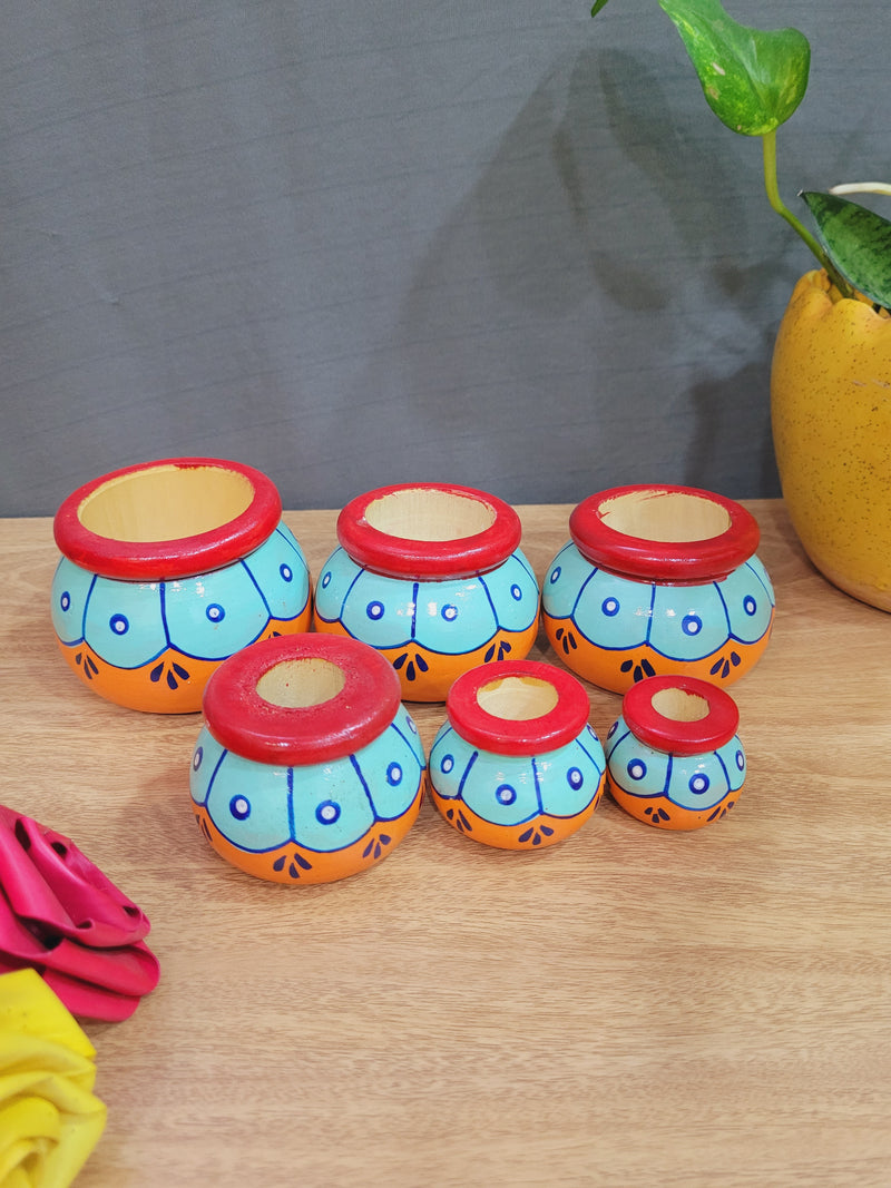 Wooden pot set of Orange, Blue and Red (11.5H * 3L * 3W) inches Show piece Home decor