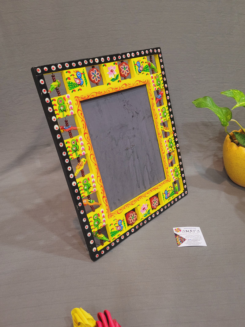 Yellow Wooden Frame Handcrafted with wooden charms Big ( 13 H * 11 L * 0.5 W ) Inch
